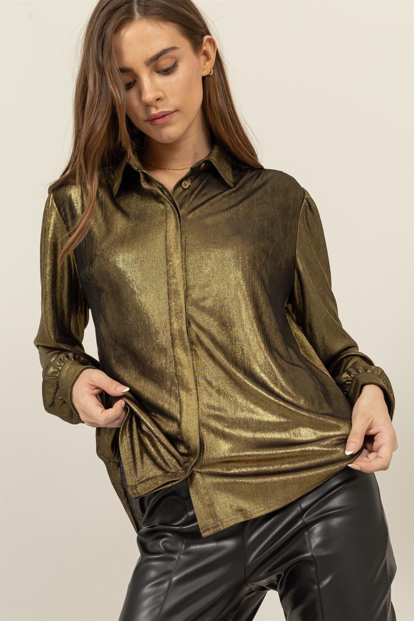 Metallic Shirt with Puff Sleeves