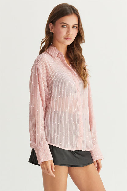 Sheer Sequin Striped Button-Up Shirt