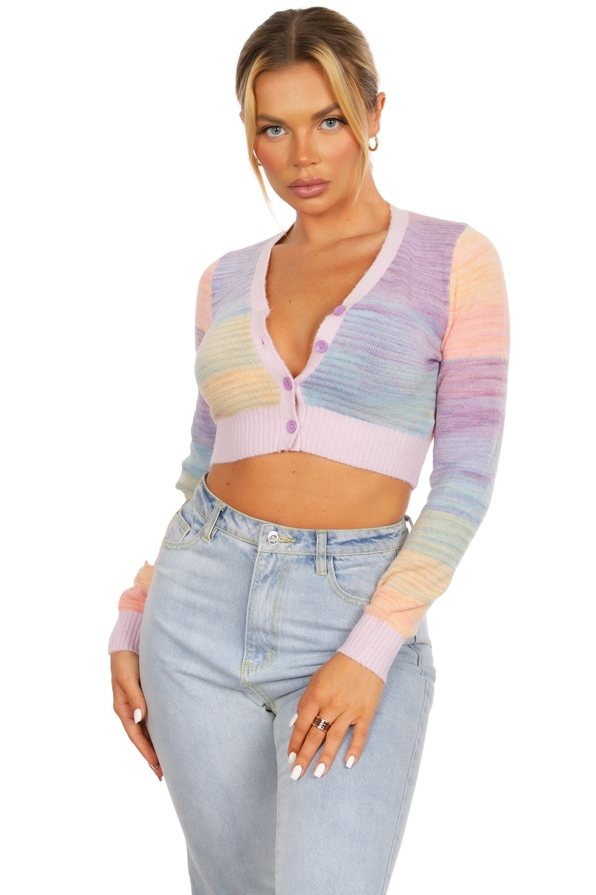 Multicolor Knit Button Front Crop Cardigan