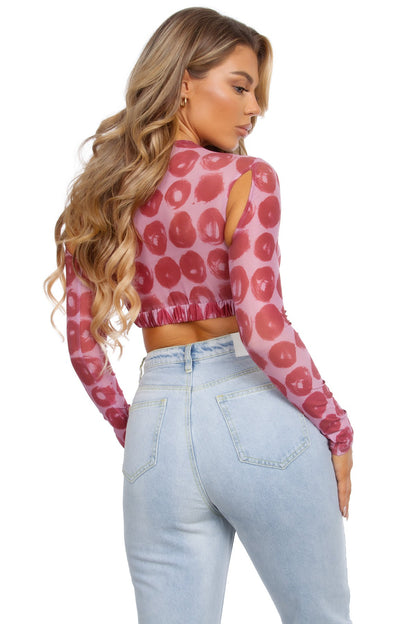 Printed Long Sleeve Mesh Crop Top