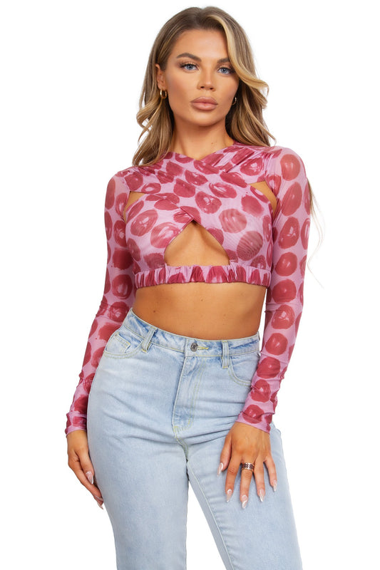 Printed Long Sleeve Mesh Crop Top