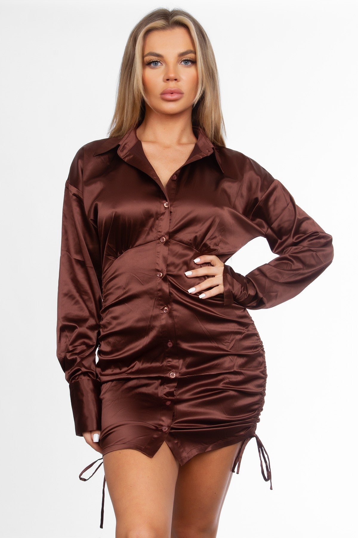 Button Up Solid Stretch Satin Mini Dress