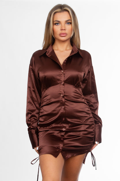 Button Up Solid Stretch Satin Mini Dress