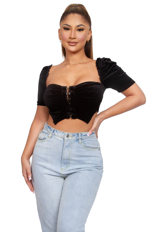 Velvet Milkmaid Puff Sleeve Top