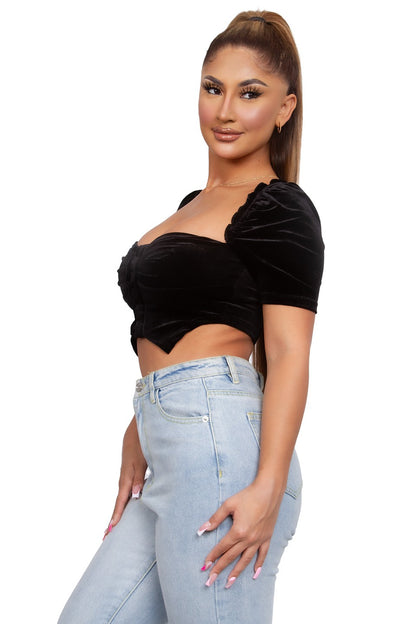 Velvet Milkmaid Puff Sleeve Top