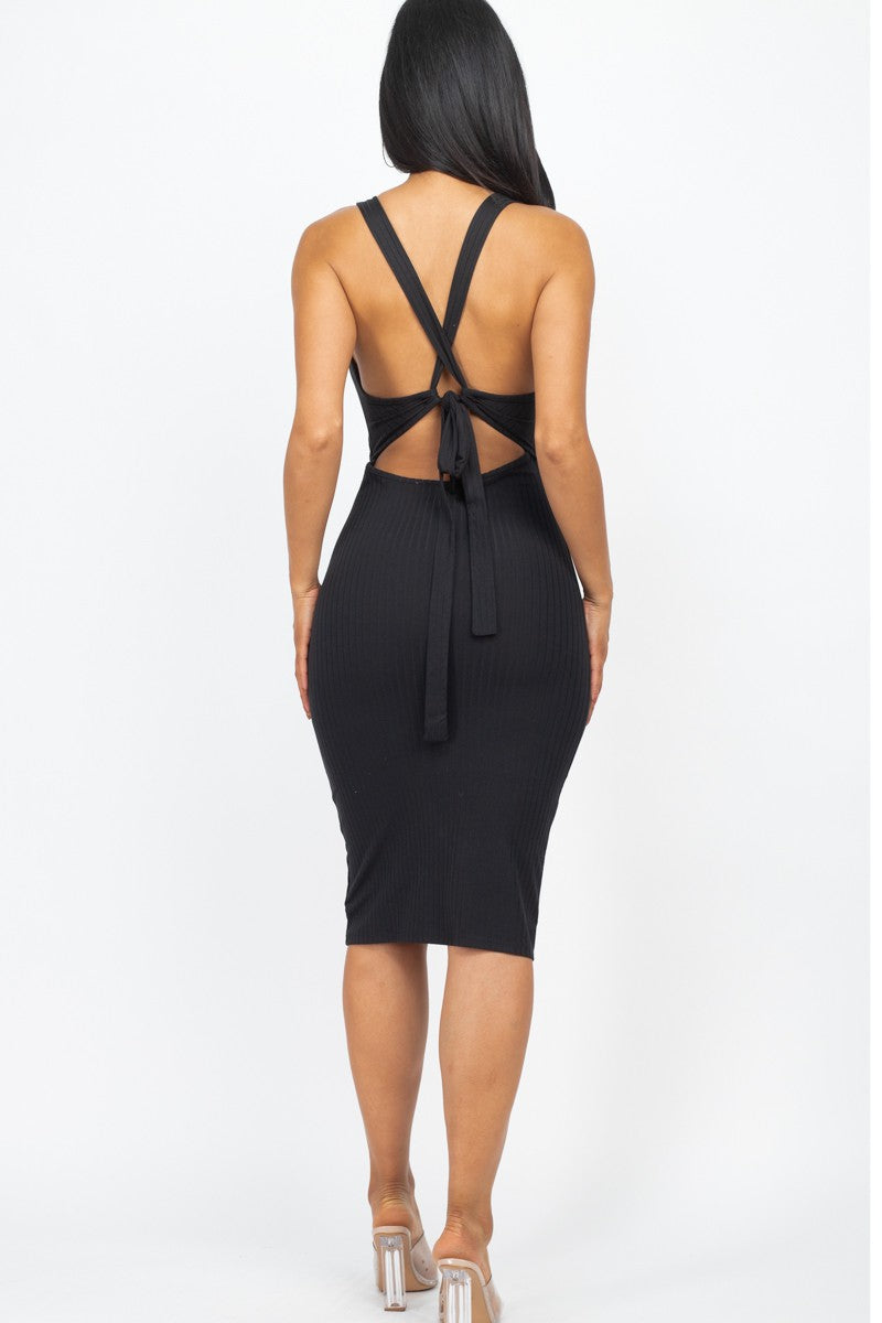 Front Cutout Ribbed Crisscross Back Dress