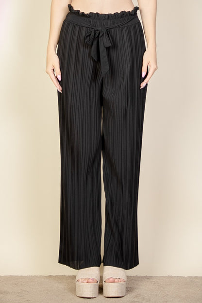 Pleated Pull-On Wide Leg Tie Front Pants