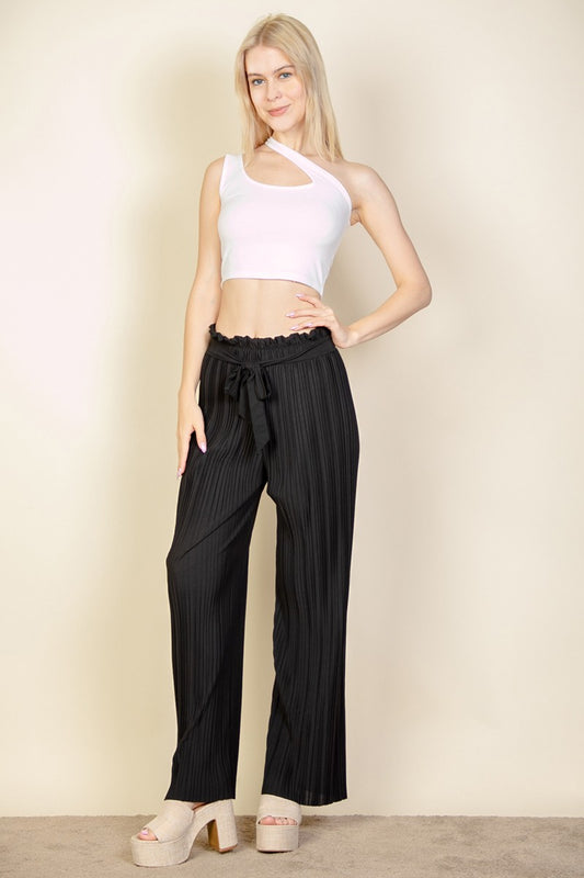 Pleated Pull-On Wide Leg Tie Front Pants