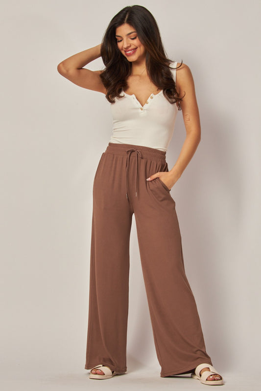 Stretchy Ribbed Drawstring Pocket Wide Leg Pants