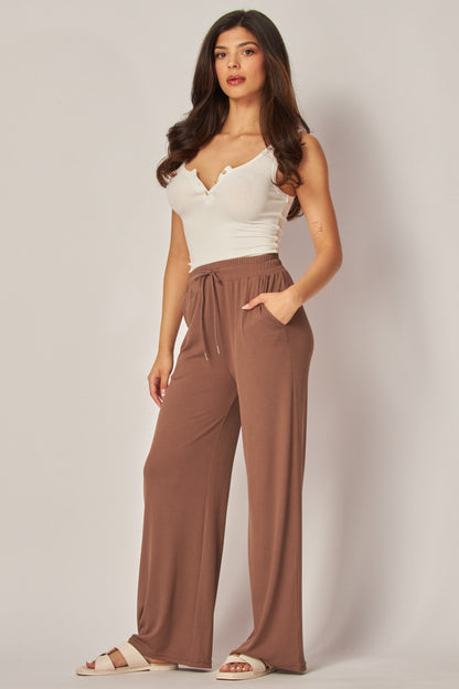 Stretchy Ribbed Drawstring Pocket Wide Leg Pants