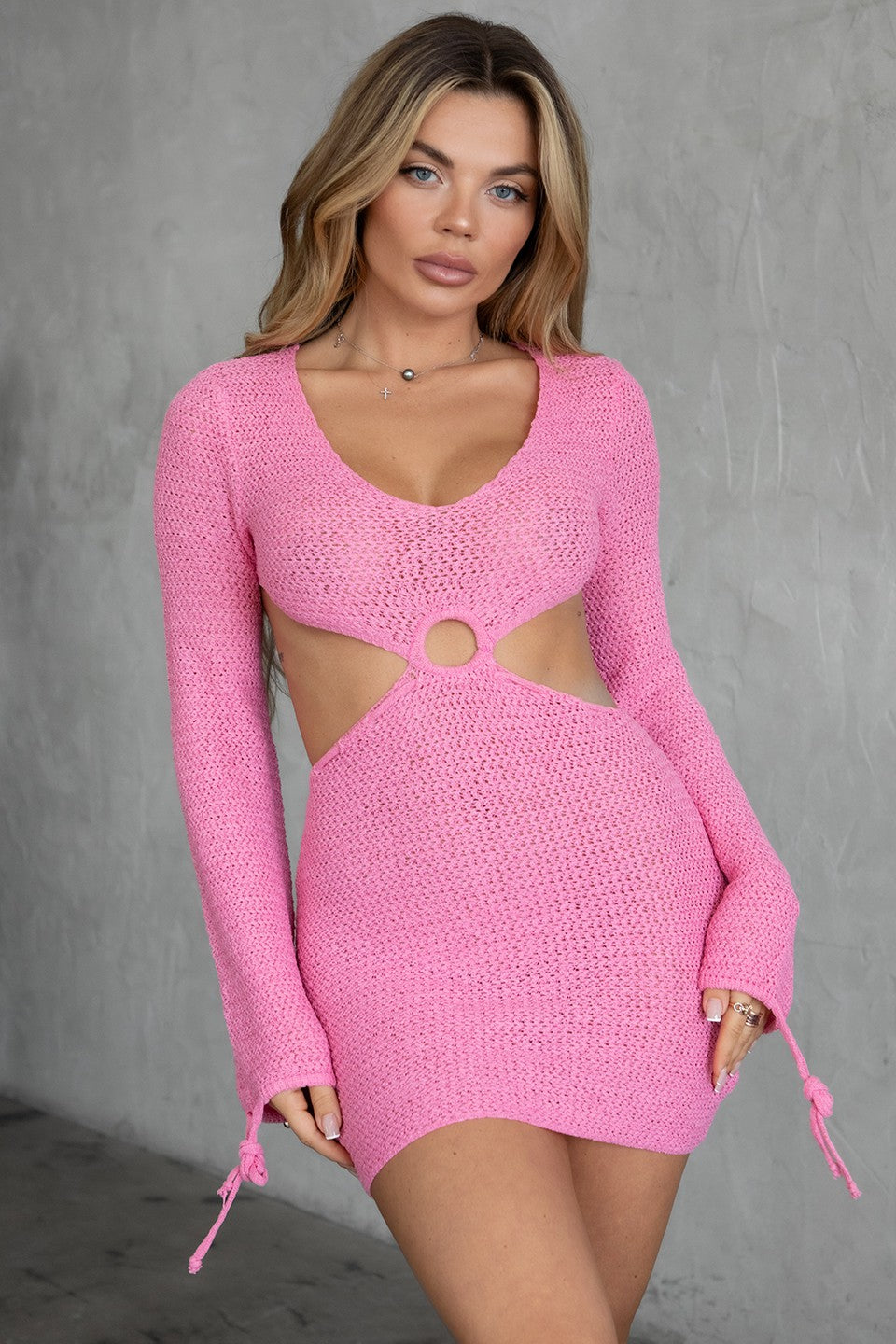 Crochet Knit Longsleeve Mini Dress