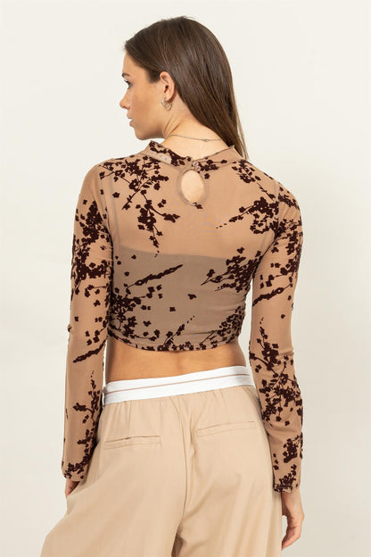 Sheer Floral Velvet Pattern Mesh Crop Top