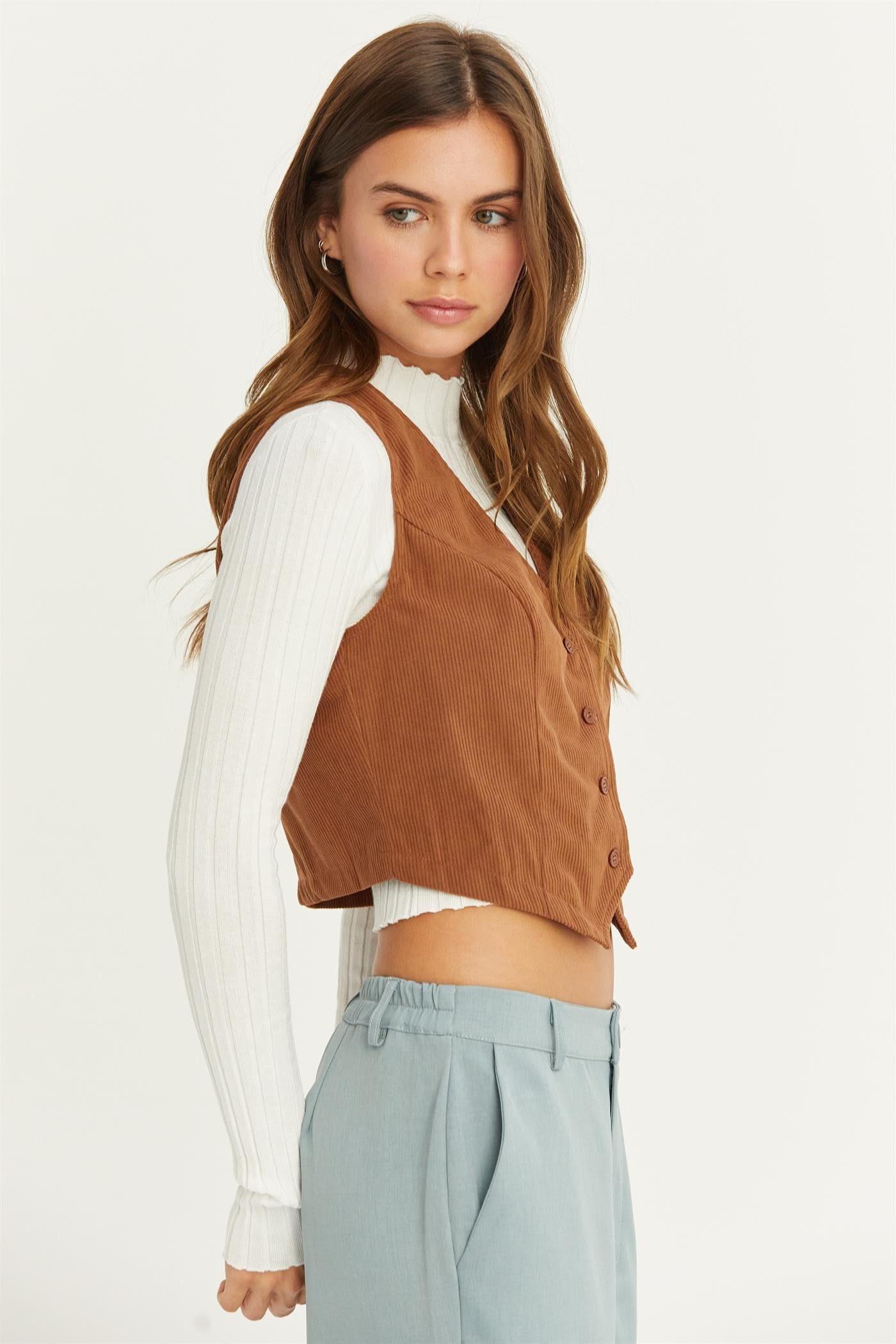 V-Neck Buttoned Corduroy Vest