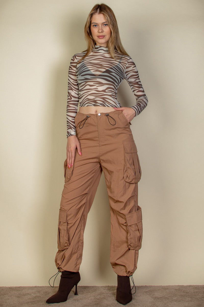 Flap Pockets Drawstring Ruched Parachute Pants