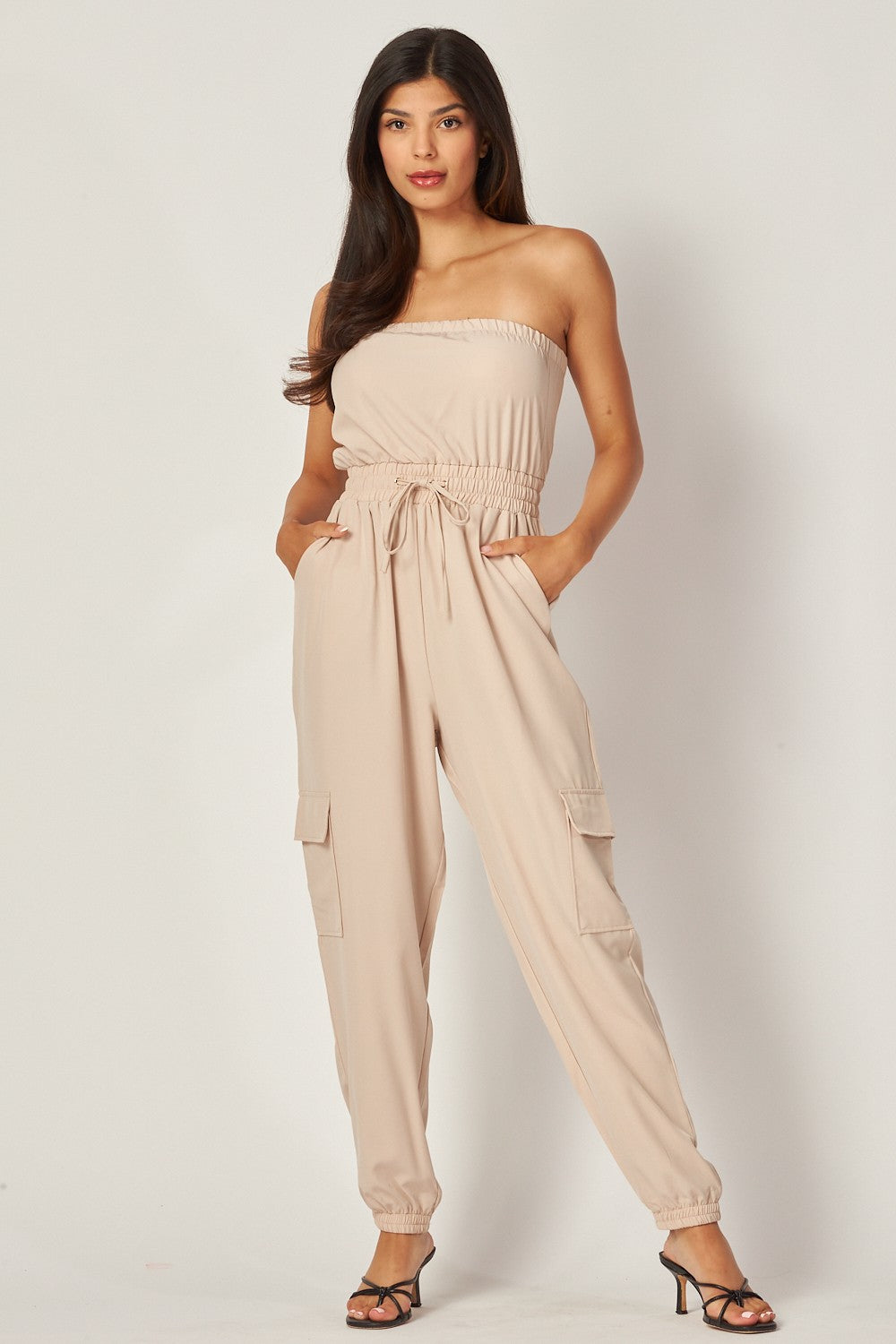 Long Cargo Drawstring Jogger Jumpsuit