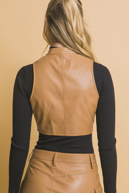 Faux Leather Cropped Zip Up Vest