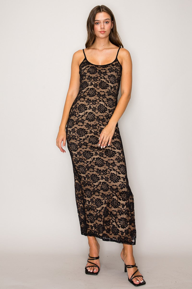 Big Rose Crochet Lace Cami Sleeveless Maxi Dress