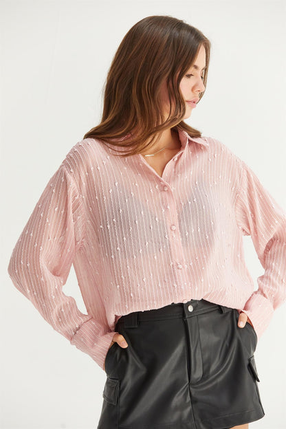 Sheer Sequin Striped Button-Up Shirt