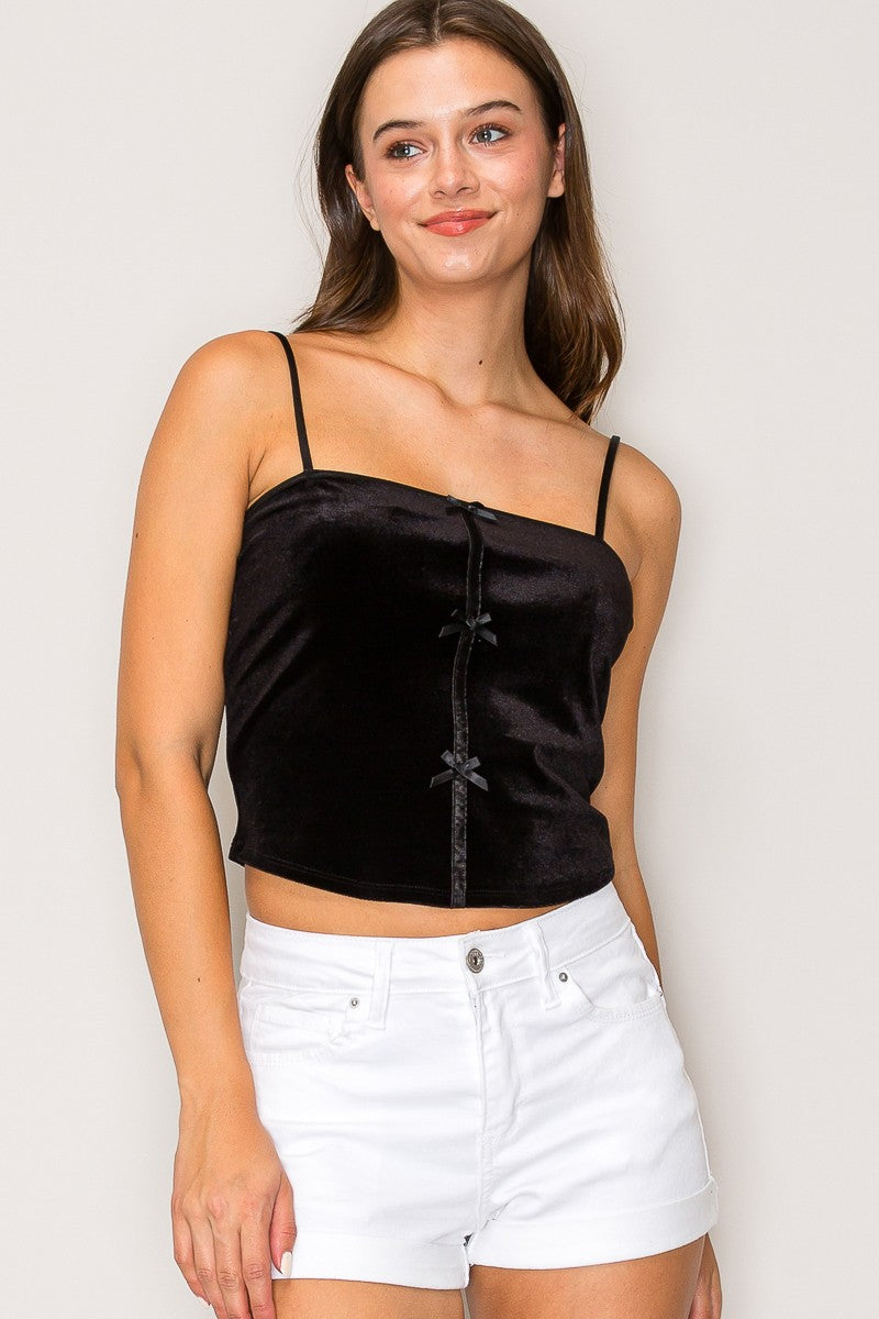 Satin Ribbon Trim Contrast Binding Cami Velvet Top