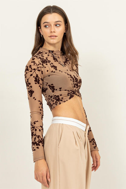 Sheer Floral Velvet Pattern Mesh Crop Top