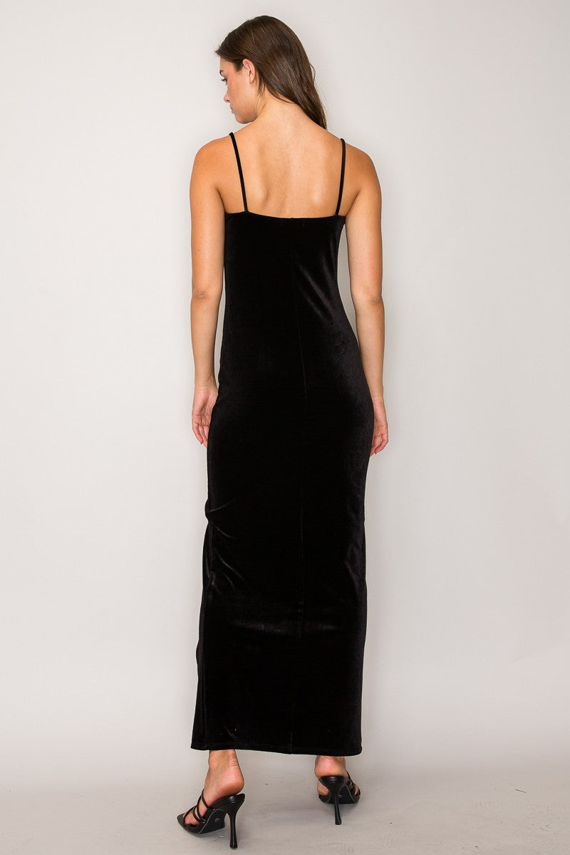 Cowl Neck Cami High Slit Velvet Maxi Dress