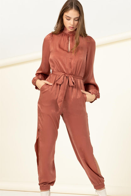 Silky Long Sleeve Jumpsuit with Open Back