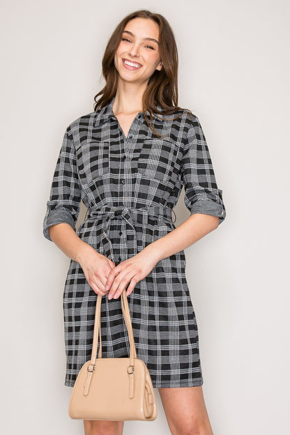 Checker Plaid Tie Waist 3/4 Sleeves Shirt Dress