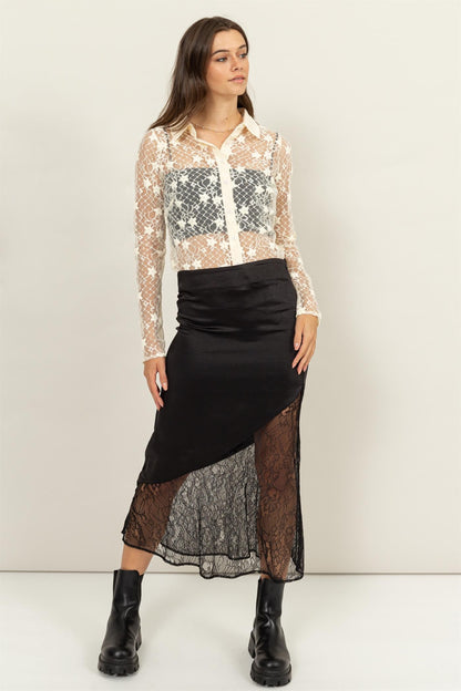 Satin and Lace Midi Skirt