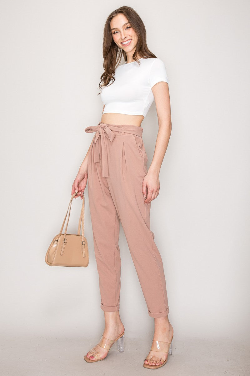 Tie Waist Pockets Casual Knit Relaxed Capri Pants