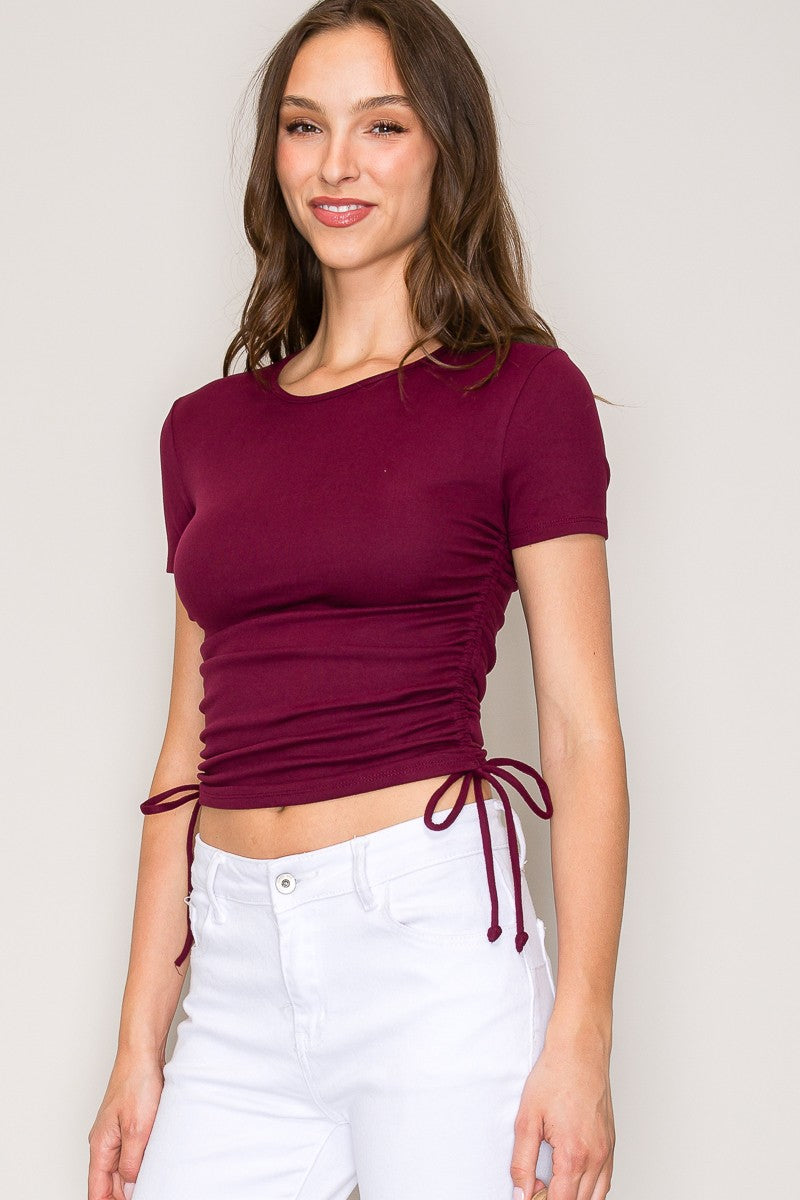 Ruched Side Tie Crew Neck Short Sleeve Knit Top