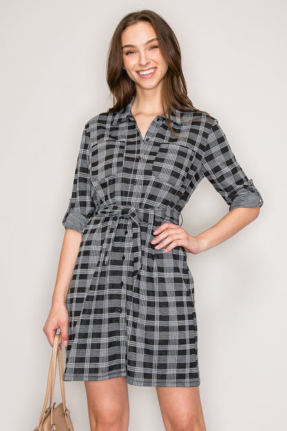 Checker Plaid Tie Waist 3/4 Sleeves Shirt Dress