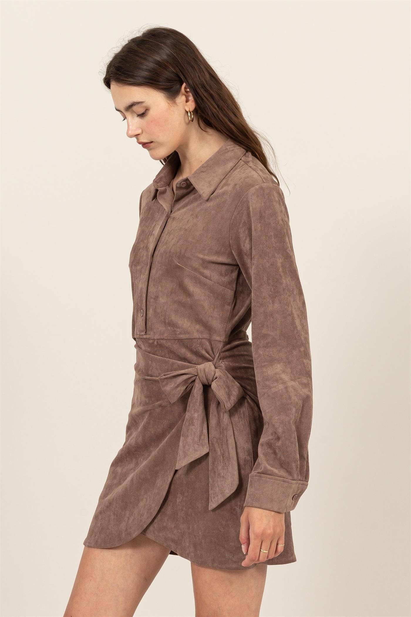 Suede Wrap Tie Front Dress