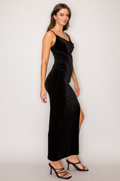 Cowl Neck Cami High Slit Velvet Maxi Dress