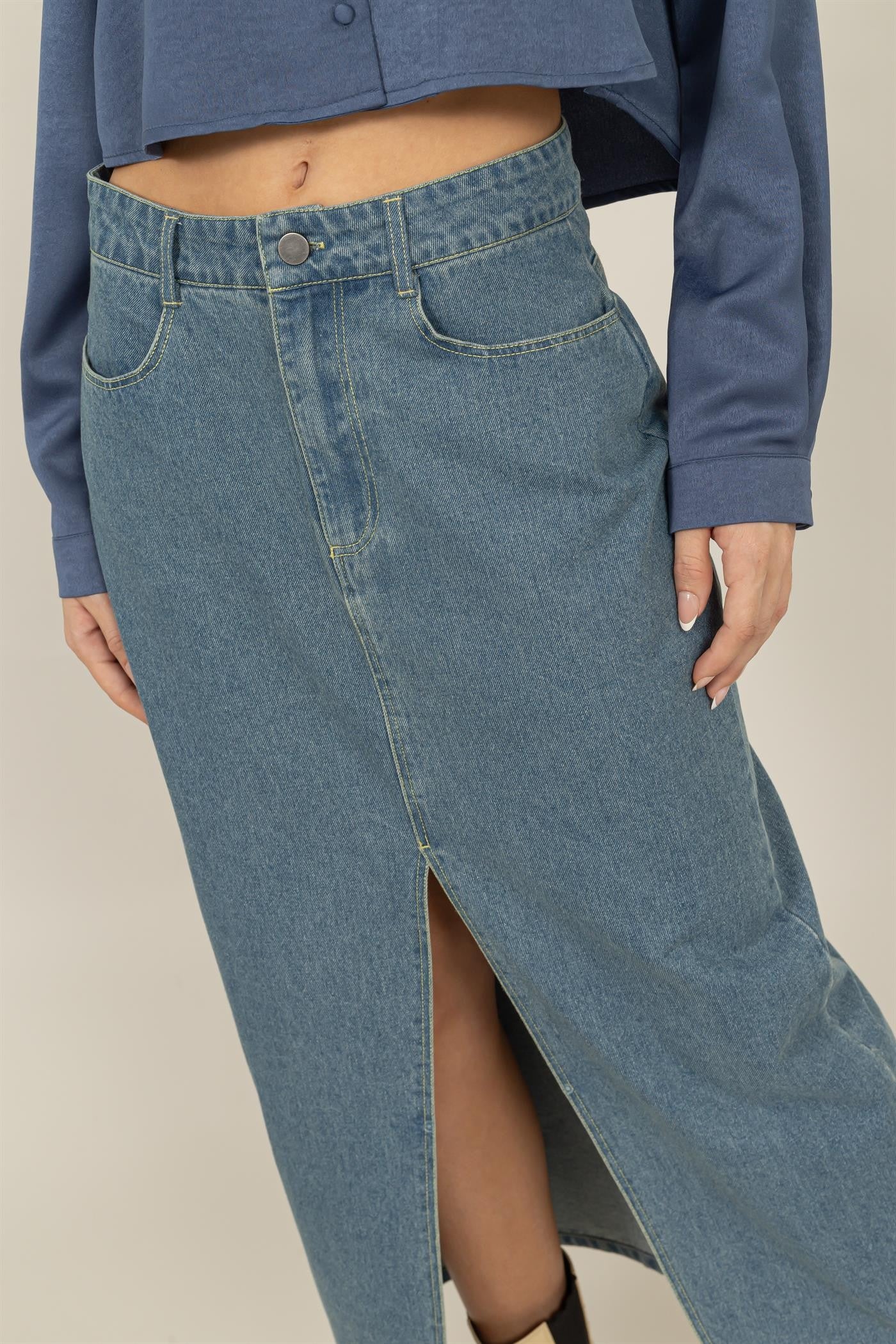 Mid-Length Washed Denim Skirt