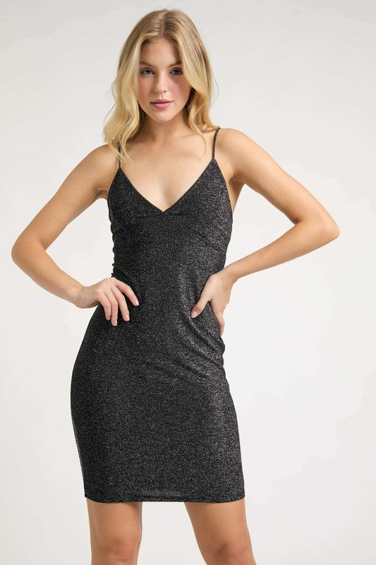 Sleeveless V Neck Lurex Knit Bodycon Mini Dress