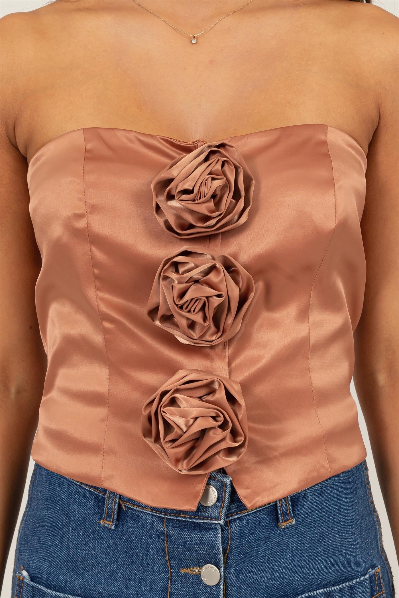 Strapless Satin Top with Rose Details