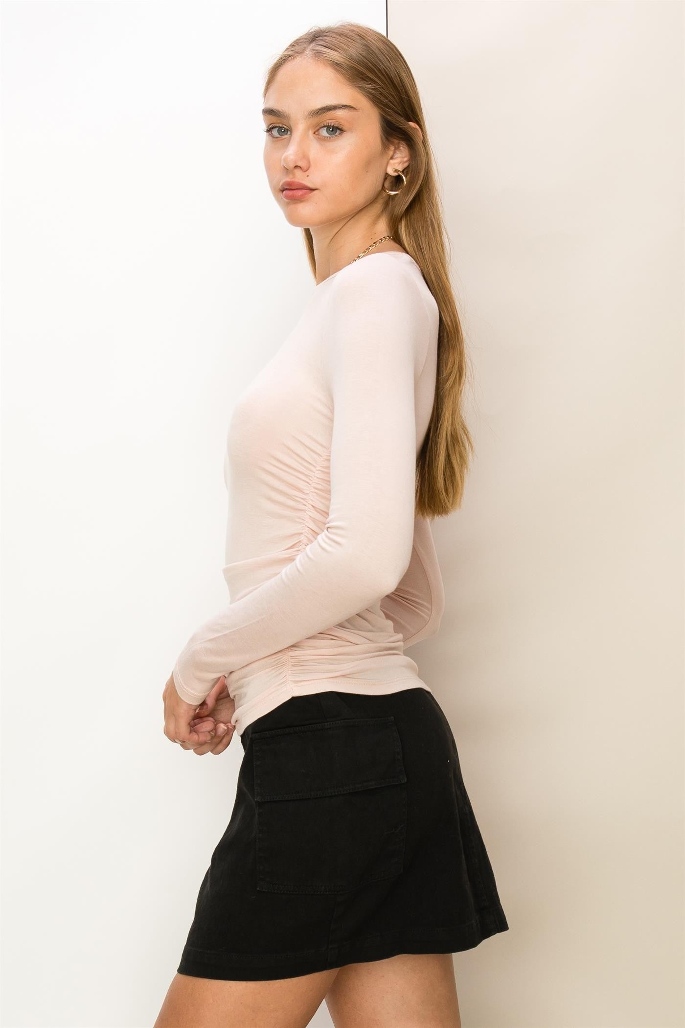 Ruched Side Detail Long-Sleeve Top