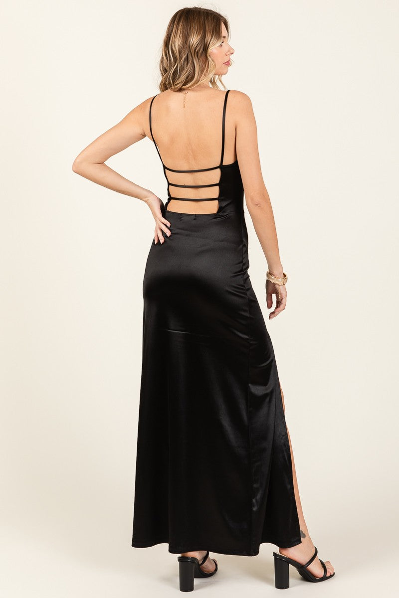 Stretch Satin Sleeveless Ladder Cutout Back Maxi Dress