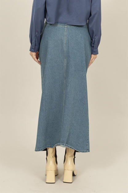 Mid-Length Washed Denim Skirt