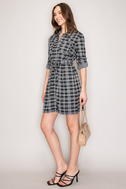 Checker Plaid Tie Waist 3/4 Sleeves Shirt Dress