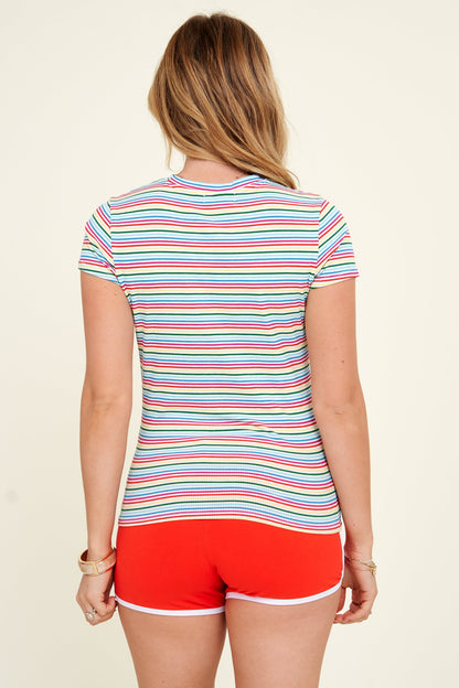 Crew Neck Striped Short Sleeve Causal Knit Top