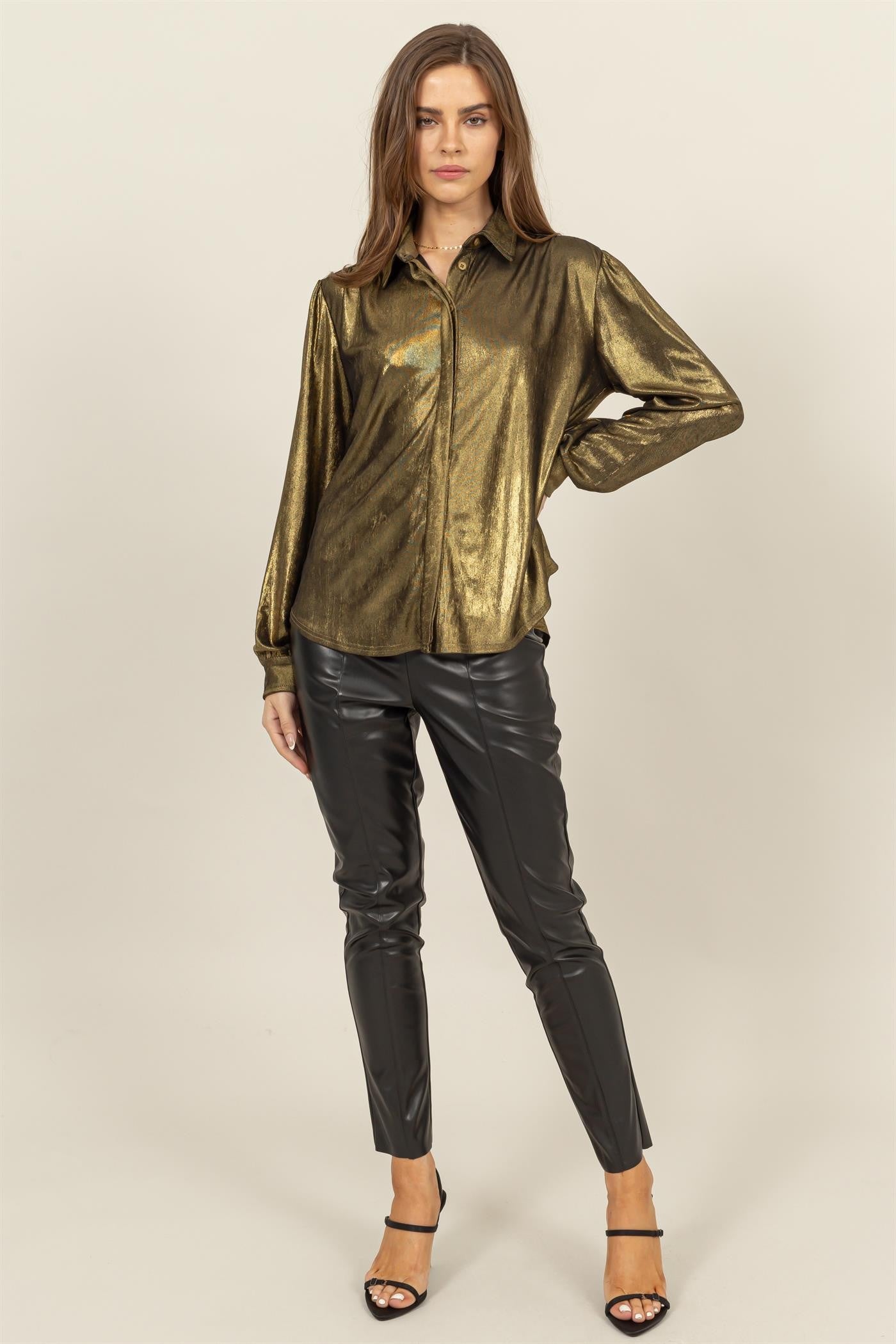 Metallic Shirt with Puff Sleeves