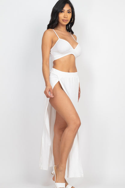 Solid Bra Top and Side Slit Skirt Beach Set