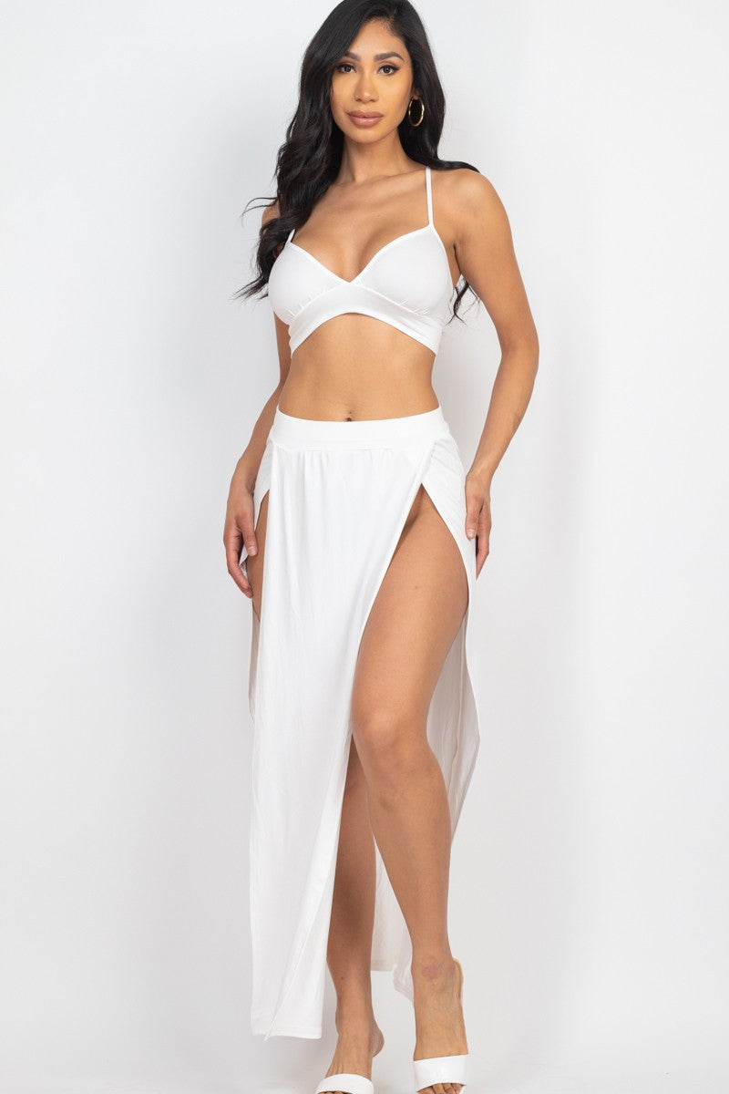 Solid Bra Top and Side Slit Skirt Beach Set