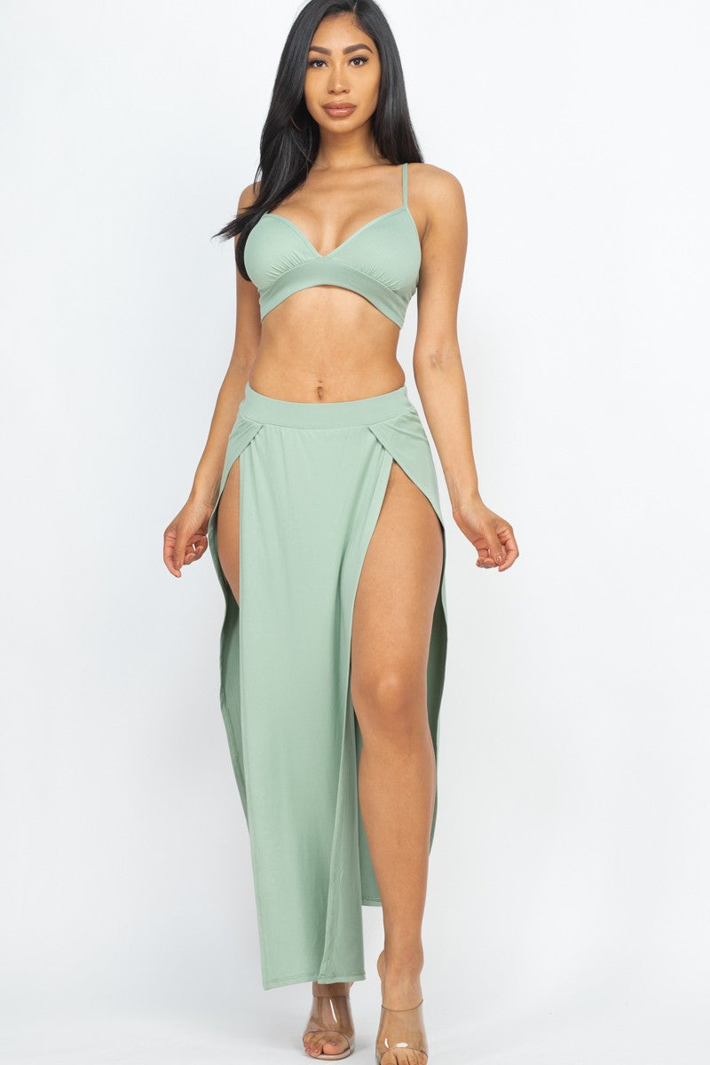 Solid Bra Top and Side Slit Skirt Beach Set