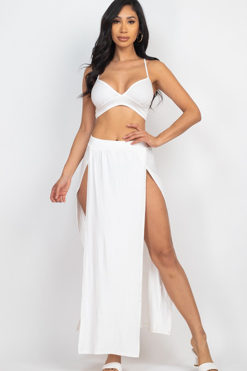 Solid Bra Top and Side Slit Skirt Beach Set