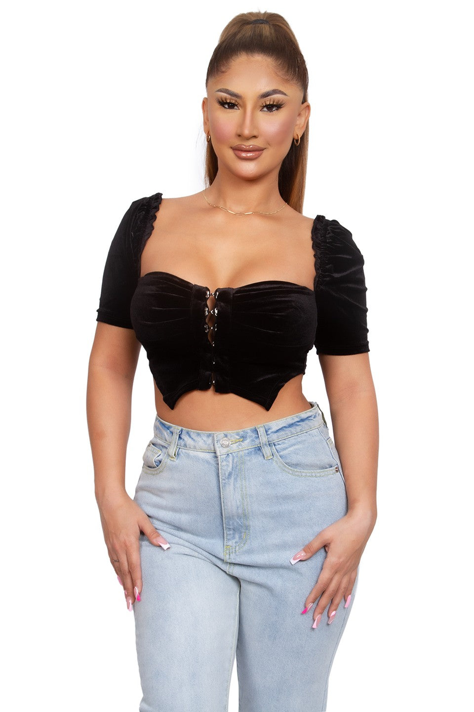 Velvet Milkmaid Puff Sleeve Top