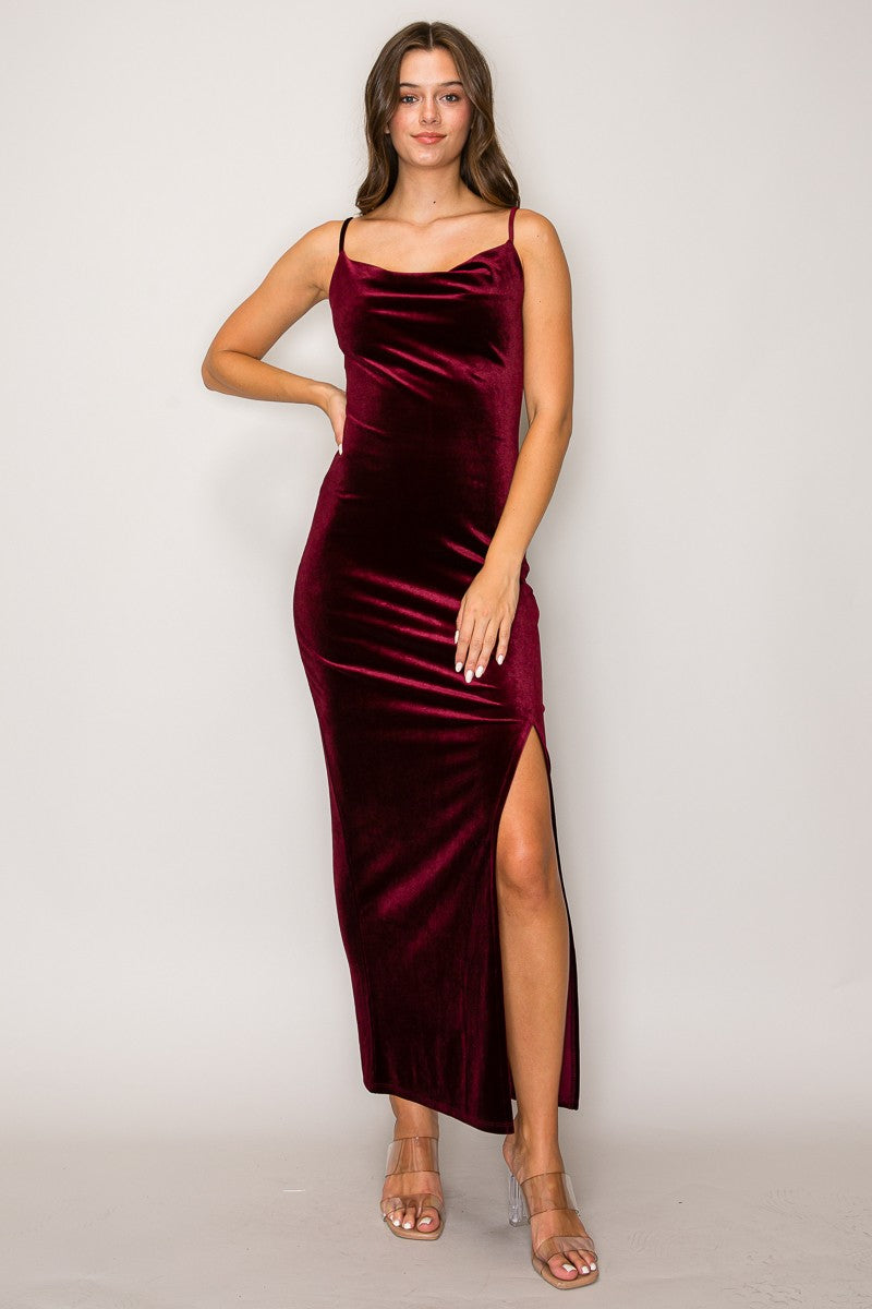 Cowl Neck Cami High Slit Velvet Maxi Dress