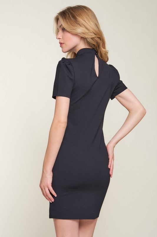 Puff Short Sleeve Mock Neck Midi Dress