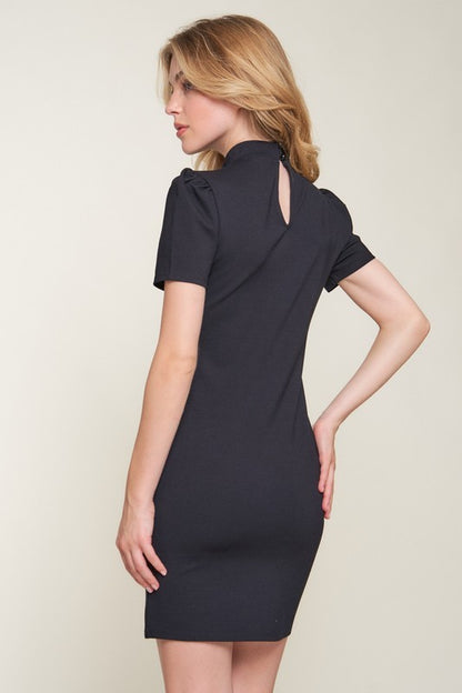 Puff Short Sleeve Mock Neck Midi Dress